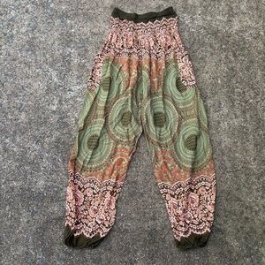 green flowy boho patterned wide leg pants large